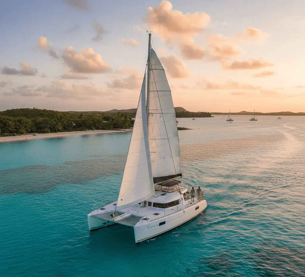 A high-angle, realistic shot of a modern white sailing catamaran gliding through crystal-clear turquoise Caribbean waters near a lush tropical island beach at golden hour.