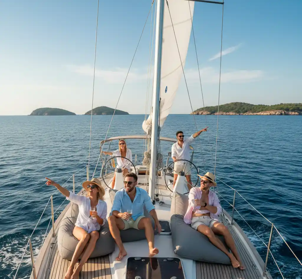 Friends laughing and relaxing on the deck of a sailing yacht cruising through calm blue waters during a sunny day.