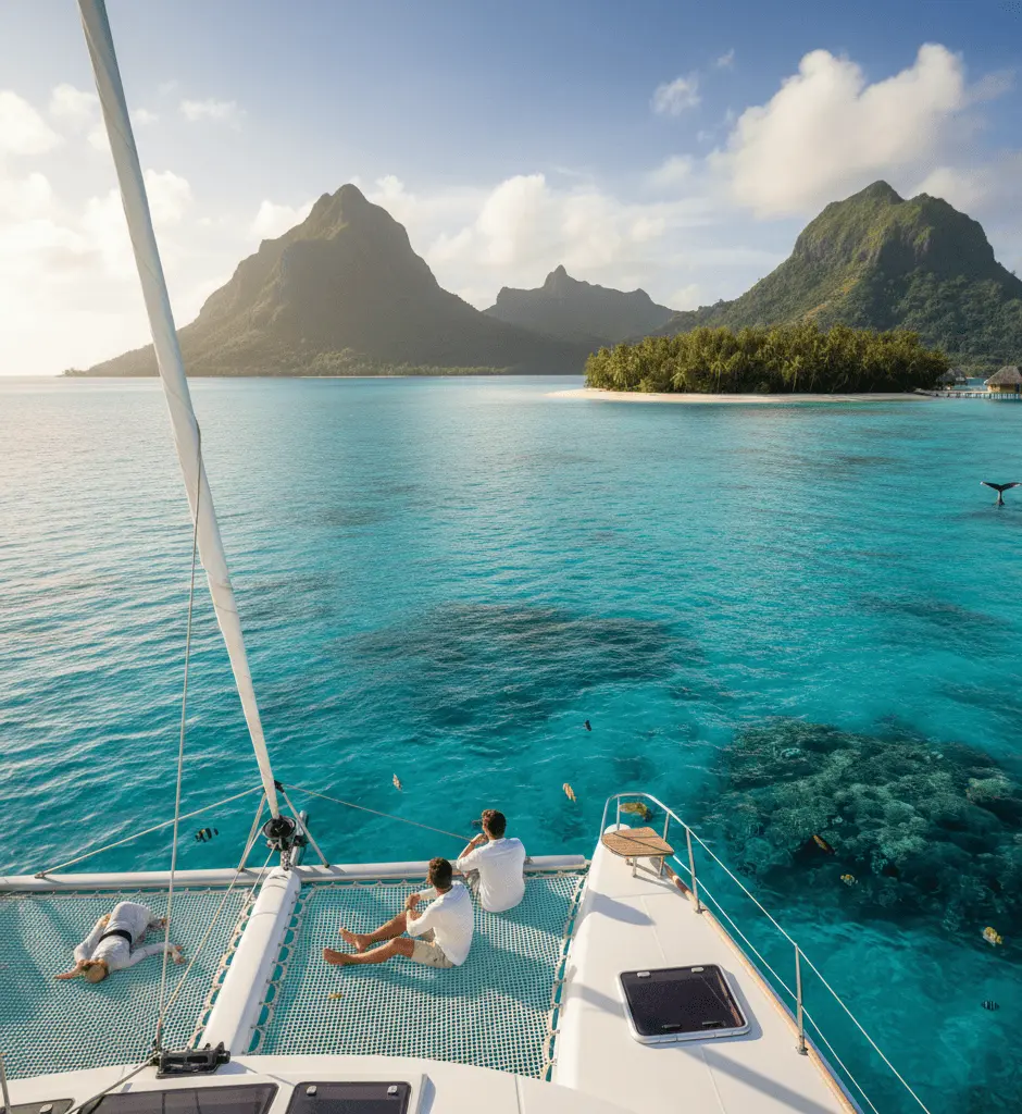 An aerial shot from the deck of a sailing catamaran anchored in a tropical lagoon with crystal-clear turquoise water. Two people sit on the forward netting overlooking a vibrant coral reef, while lush green volcanic mountains and a small palm-fringed island rise in the background under a clear blue sky.