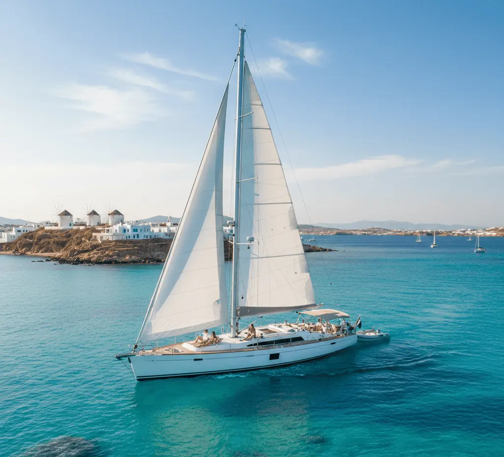 A luxury white sailboat cruising through the turquoise waters of Mykonos, Greece, with the iconic white windmills and Cycladic architecture visible on the coastline under a clear blue sky.