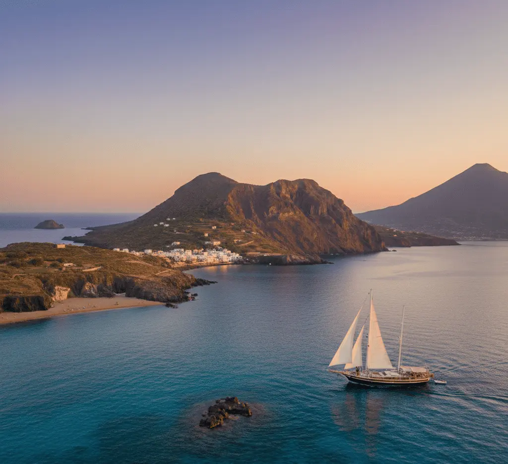 A classic white sailboat gliding through the turquoise waters of the Aeolian Islands at sunset, with a panoramic view of volcanic coastlines and a charming coastal village in the background.