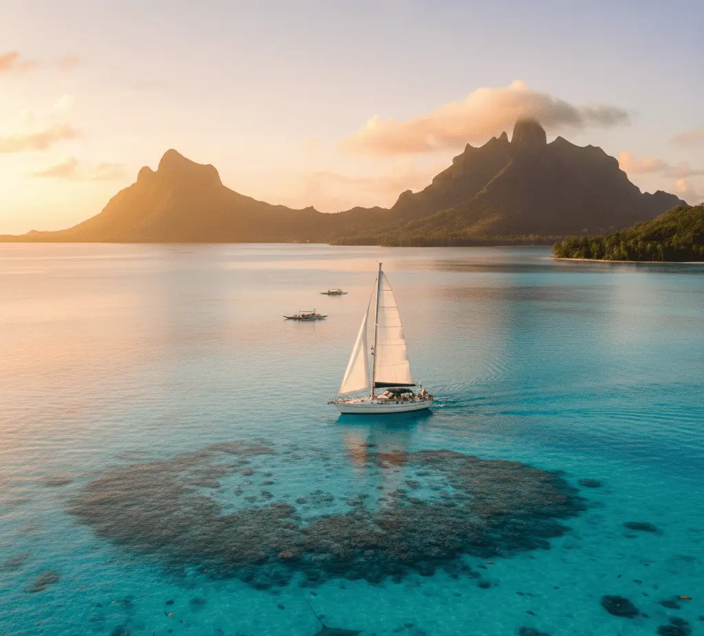 A white sailing yacht glides through a crystal-clear turquoise lagoon in French Polynesia at sunset, with a large manta ray visible beneath the water's surface and the iconic lush, volcanic peaks of Bora Bora in the background.