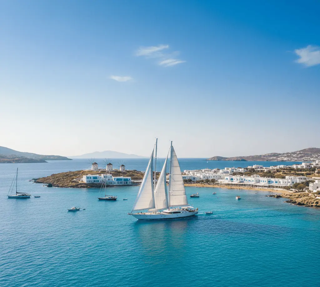 A luxury white sailboat cruising through the turquoise waters of a Mykonos bay, with the iconic white windmills and Cycladic architecture in the background under a clear blue summer sky.