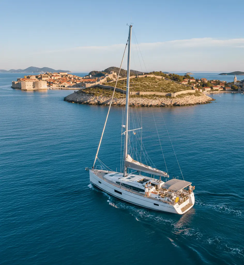 A modern white sailing yacht gliding through the deep blue Adriatic Sea near the historic walled city of Dubrovnik, Croatia, under a clear sunset sky.
