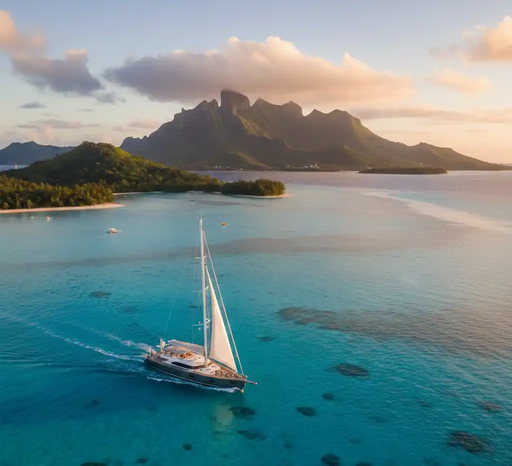 An aerial, high-angle view of a sleek, modern sailing yacht gliding through the crystal-clear turquoise waters of a Tahitian lagoon. In the background, lush green tropical islands and a dramatic, jagged volcanic mountain peak are illuminated by the soft, golden glow of a sunset.