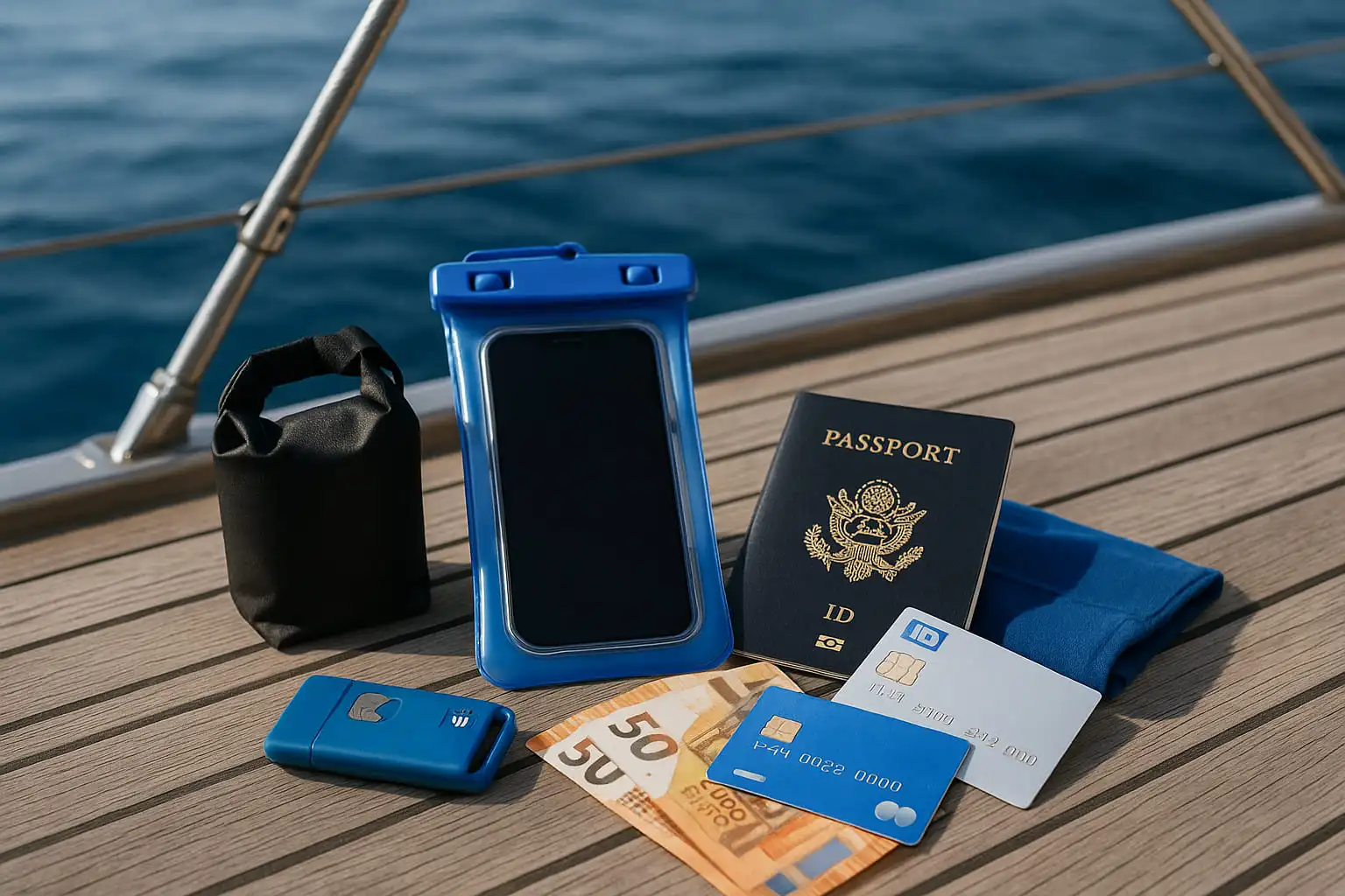 Close-up of passport, waterproof phone case, dry bag, credit cards, and euro cash laid out on a yacht deck with the ocean in the background.