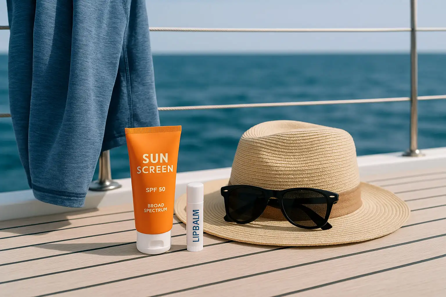 Sailing sun protection essentials on yacht deck including SPF 50 sunscreen, SPF lip balm, sunhat, sunglasses, and long-sleeve shirt with ocean in the background.