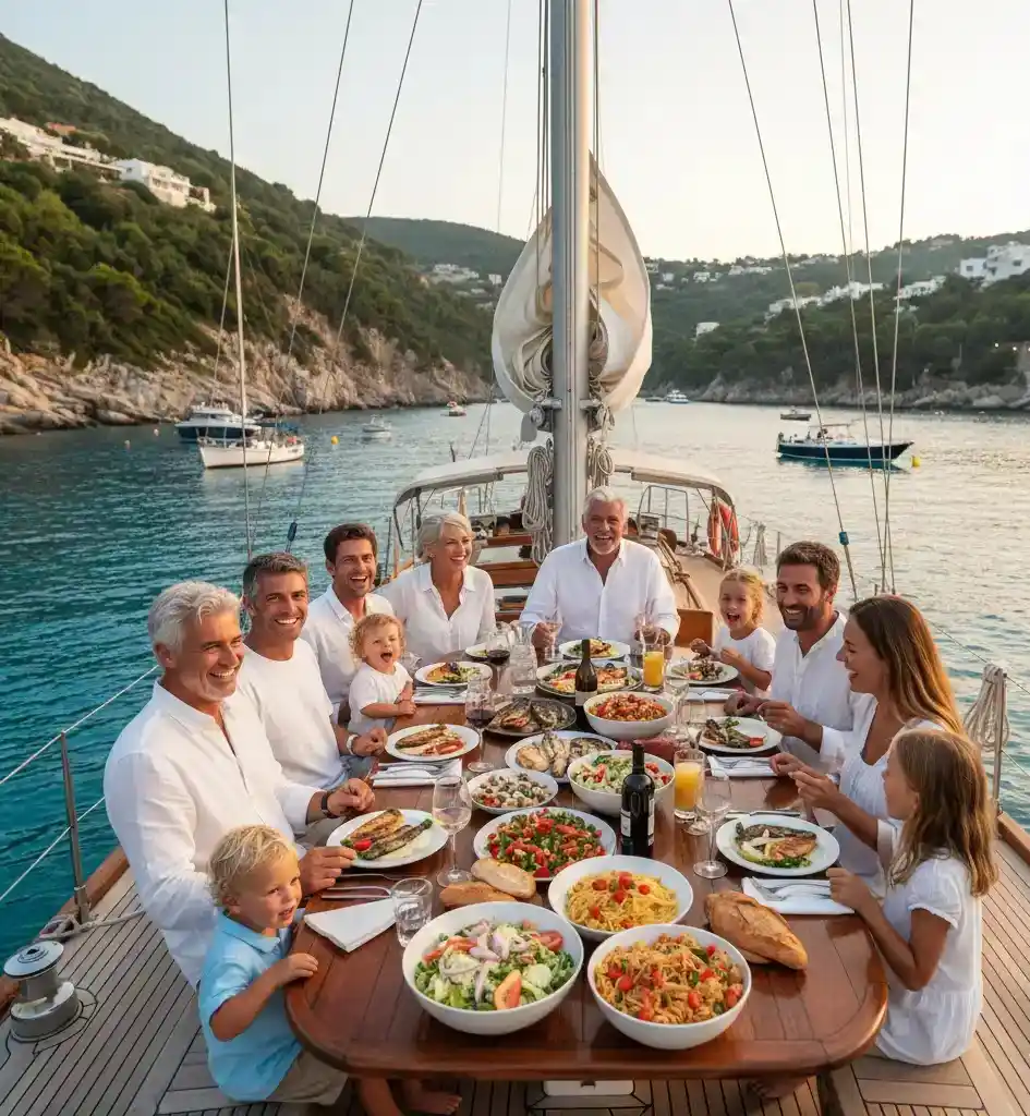 A large, multi-generational family—grandparents, parents, and young children—laughing and sharing a Mediterranean-style meal on the wooden deck of a sailing yacht. They are seated around a long table filled with pasta, salads, and fresh bread. The yacht is anchored in a calm, scenic bay surrounded by lush green hills and a clear blue sky at sunset.