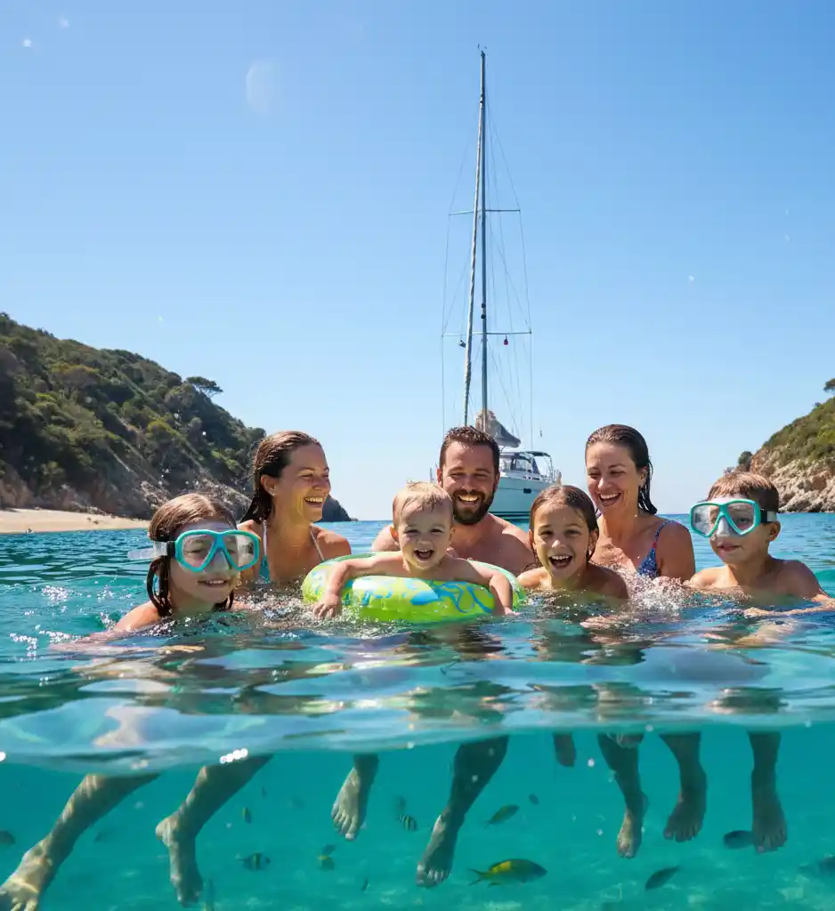 A family with kids enjoying a sunny day swimming in a clear bay next to their docked sailing yacht.