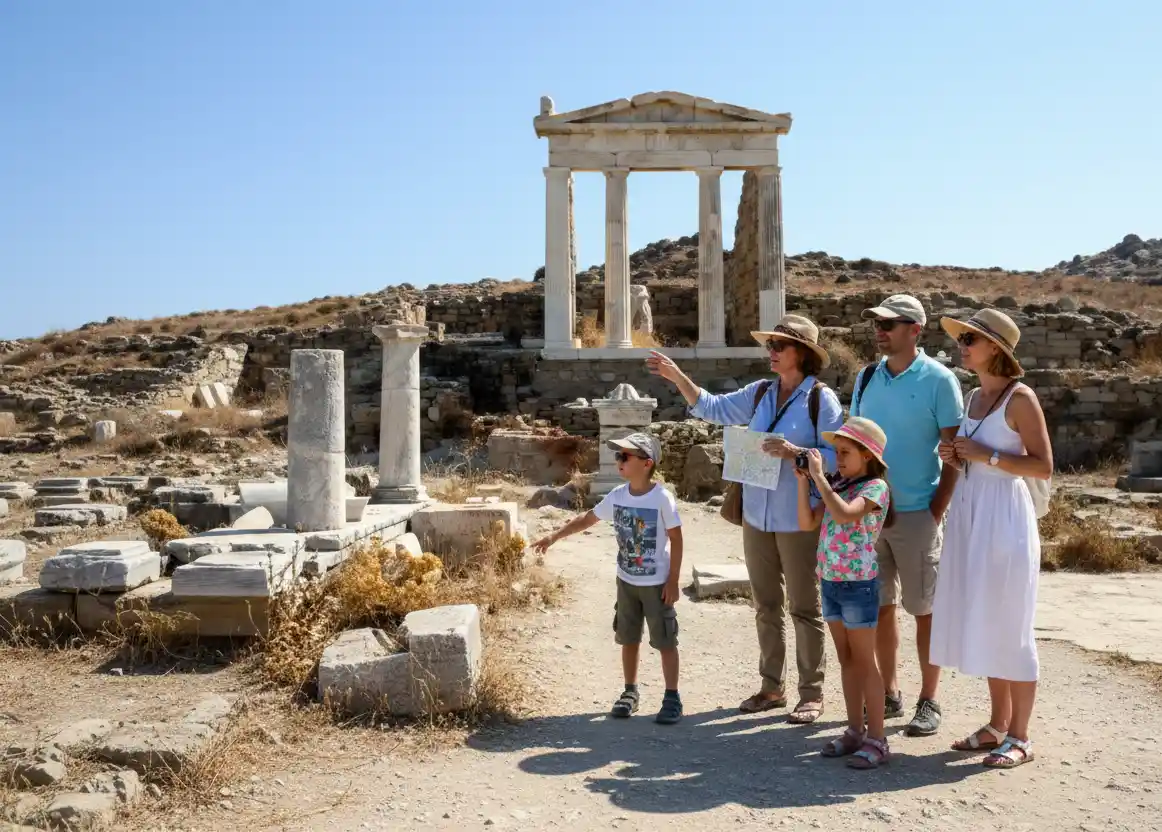 A realistic wide shot of a family of four—two parents and two young children—standing on a dusty path at the archaeological site of Delos. A female guide in a sun hat points toward the marble ruins of the Temple of Isis under a bright blue sky.