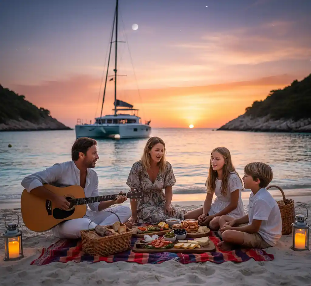 A family enjoys a beach picnic at sunset, with a father playing guitar, two children singing, and a catamaran anchored in the background, surrounded by glowing lanterns.