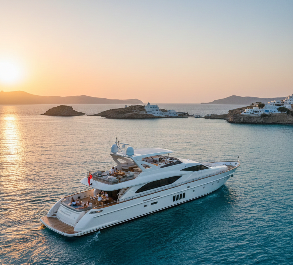 A luxurious white motor yacht cruising on turquoise waters at sunset, with distant Greek islands and white buildings on the horizon.