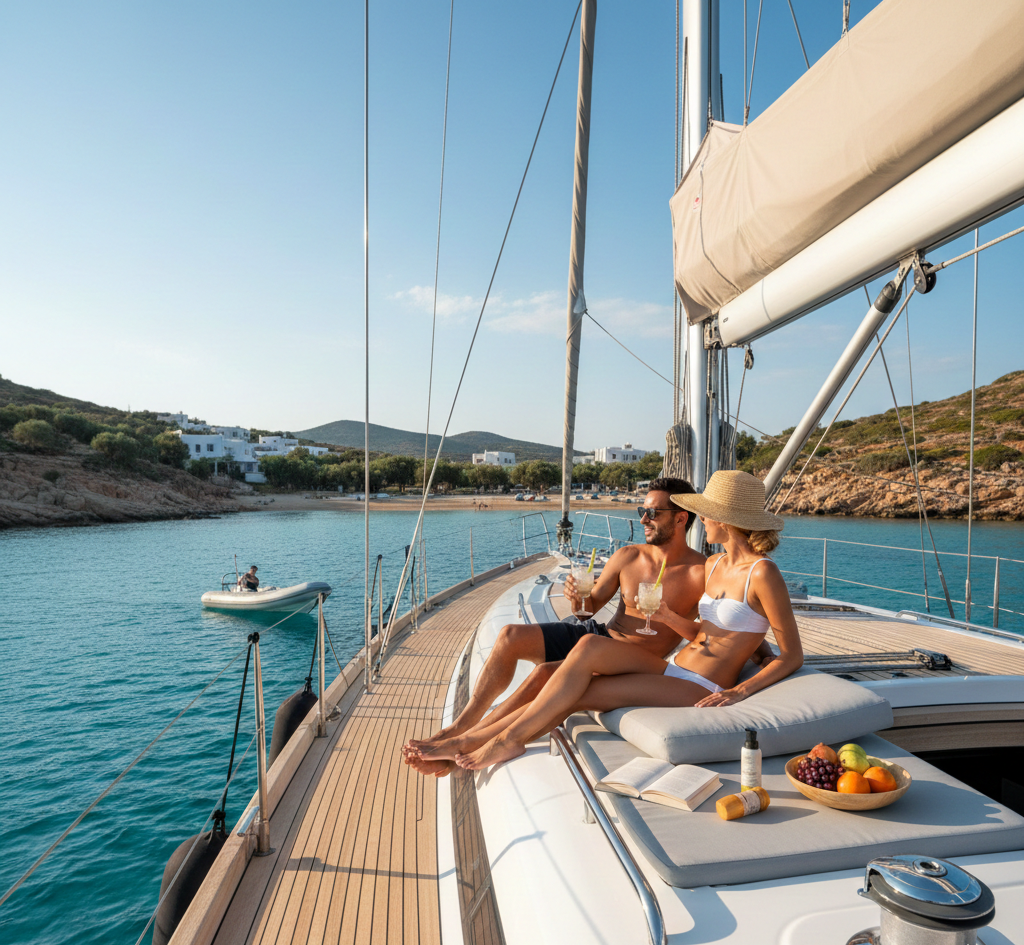 A high-angle, realistic shot of a couple sunbathing on the teak deck of a luxury sailing yacht. They are lounging on cushions with drinks and fruit, overlooking a secluded turquoise bay in Greece with white-washed buildings and rocky hills in the background.