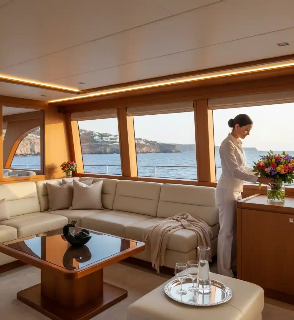 A professional stewardess meticulously arranging a vibrant bouquet of flowers in the elegant saloon of a luxury yacht, highlighting the attention to detail in crew services