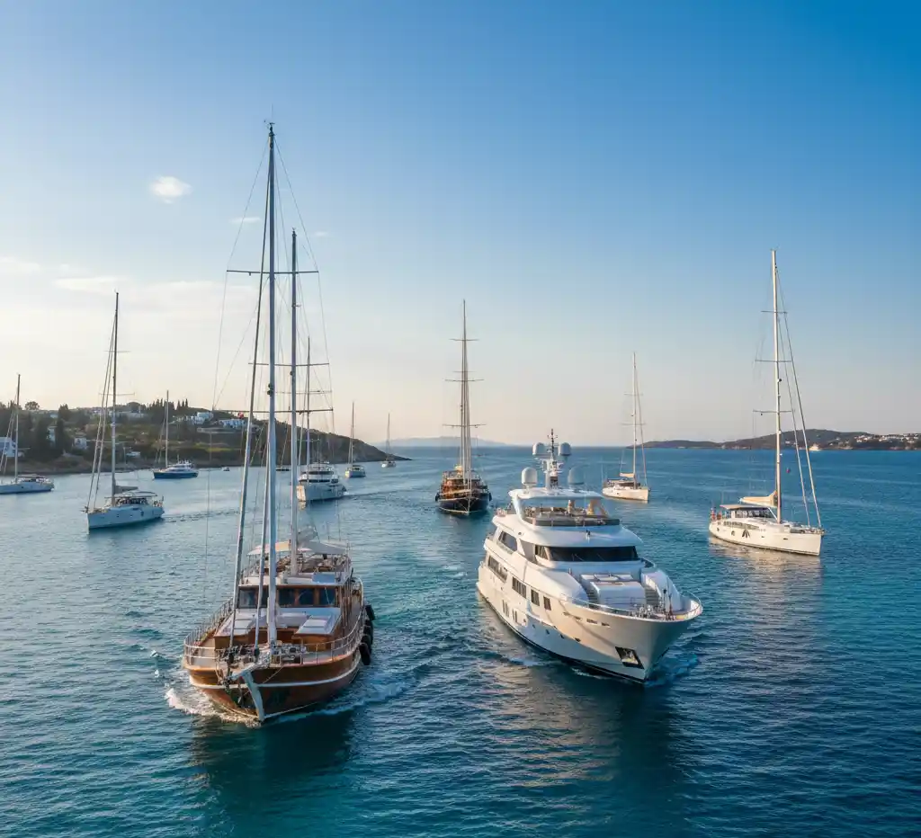 A variety of luxury vessels, including a superyacht and a wooden gulet, sailing together in a flotilla near the Greek islands at sunset.