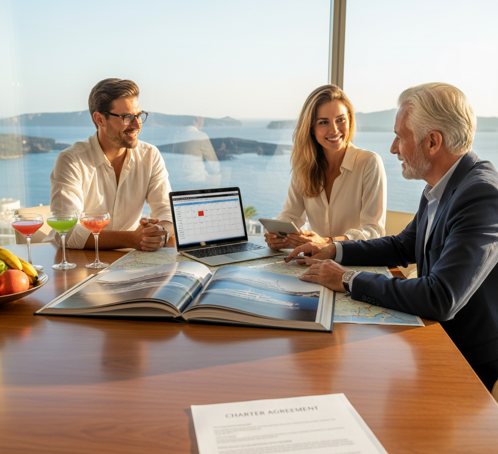 A couple consulting with a yacht charter broker, looking at yacht brochures and a laptop with a calendar, with a stunning sea view in the background.