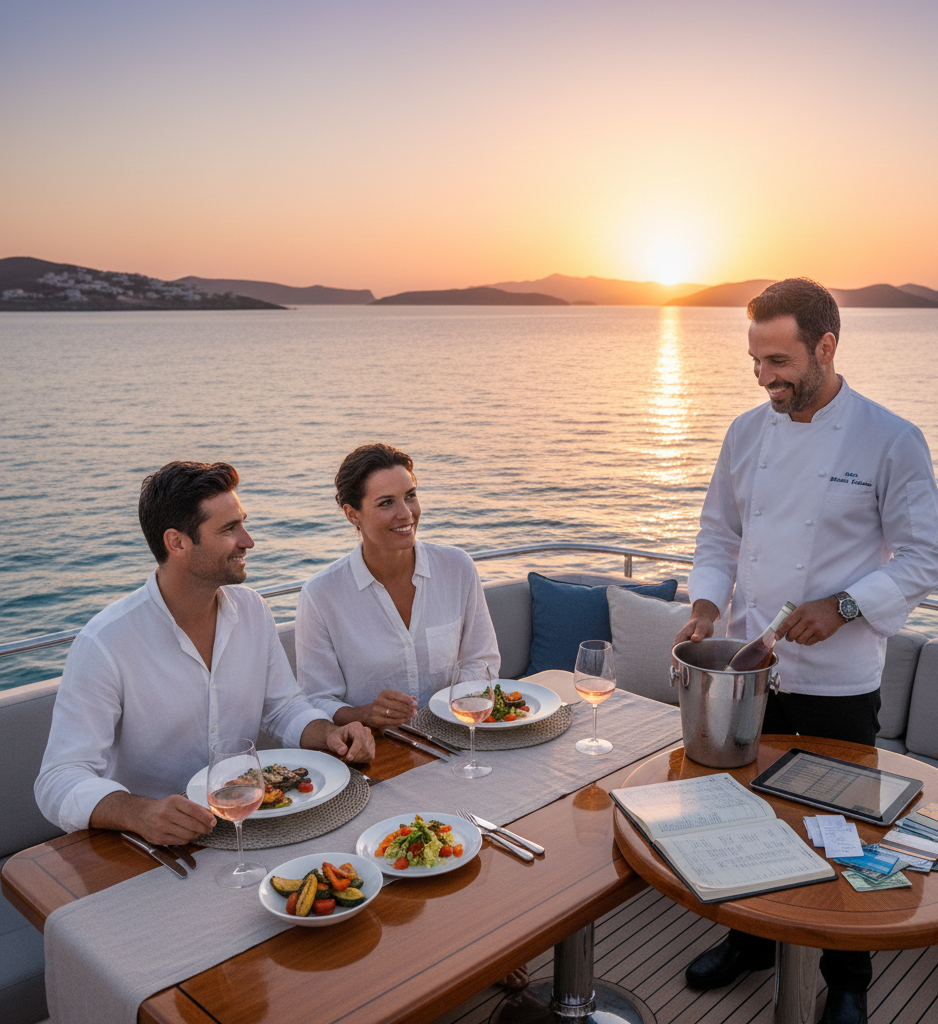 A couple enjoying a gourmet dinner on the deck of a luxury yacht at sunset, served by a smiling chef.