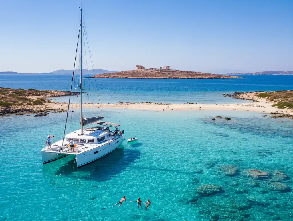 An aerial view of a catamaran anchored in the clear turquoise waters near a sandy beach, with people swimming and an ancient ruin visible on a distant island.