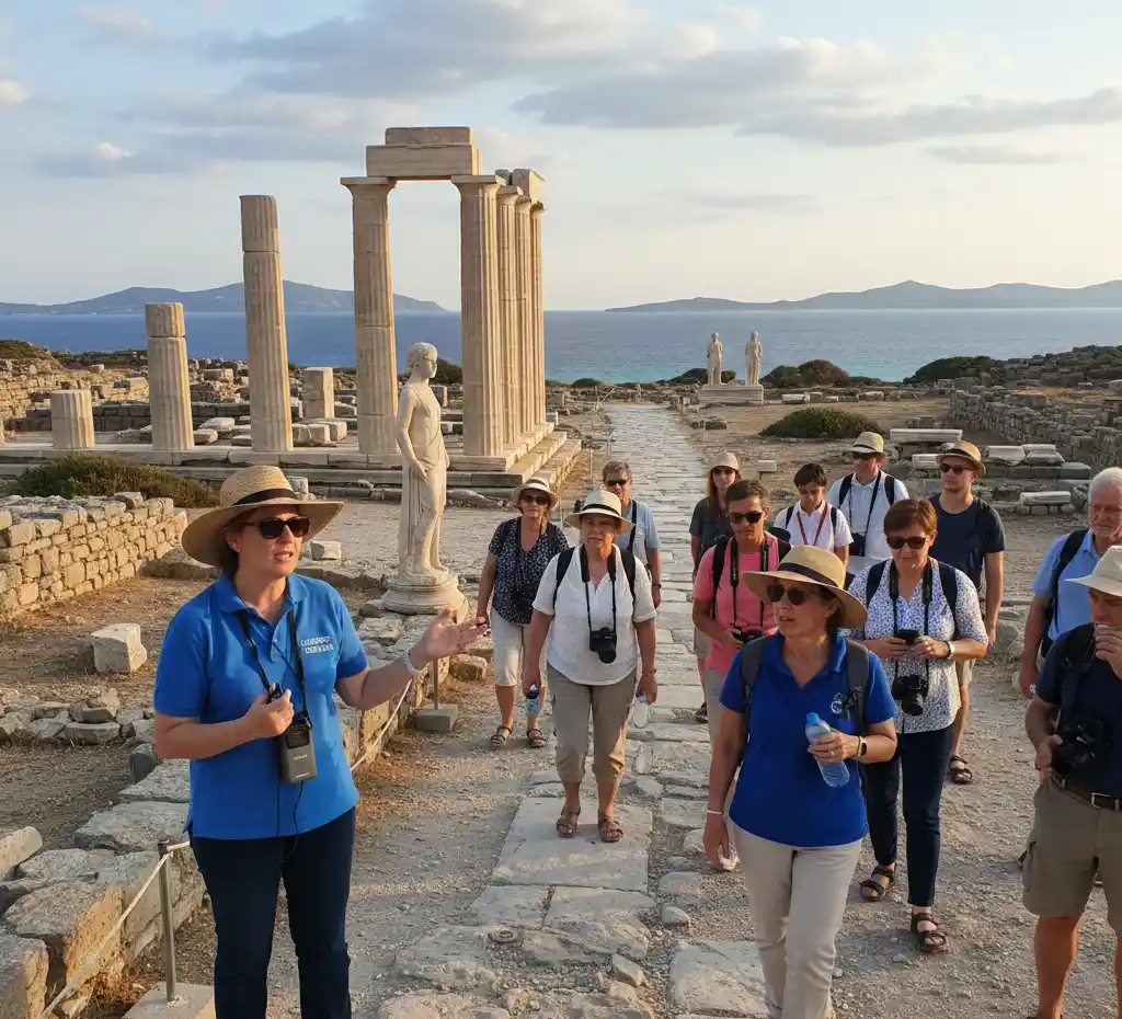 A tour guide speaking to a group of visitors amidst the ancient columns and statues of the Delos archaeological site at sunset.