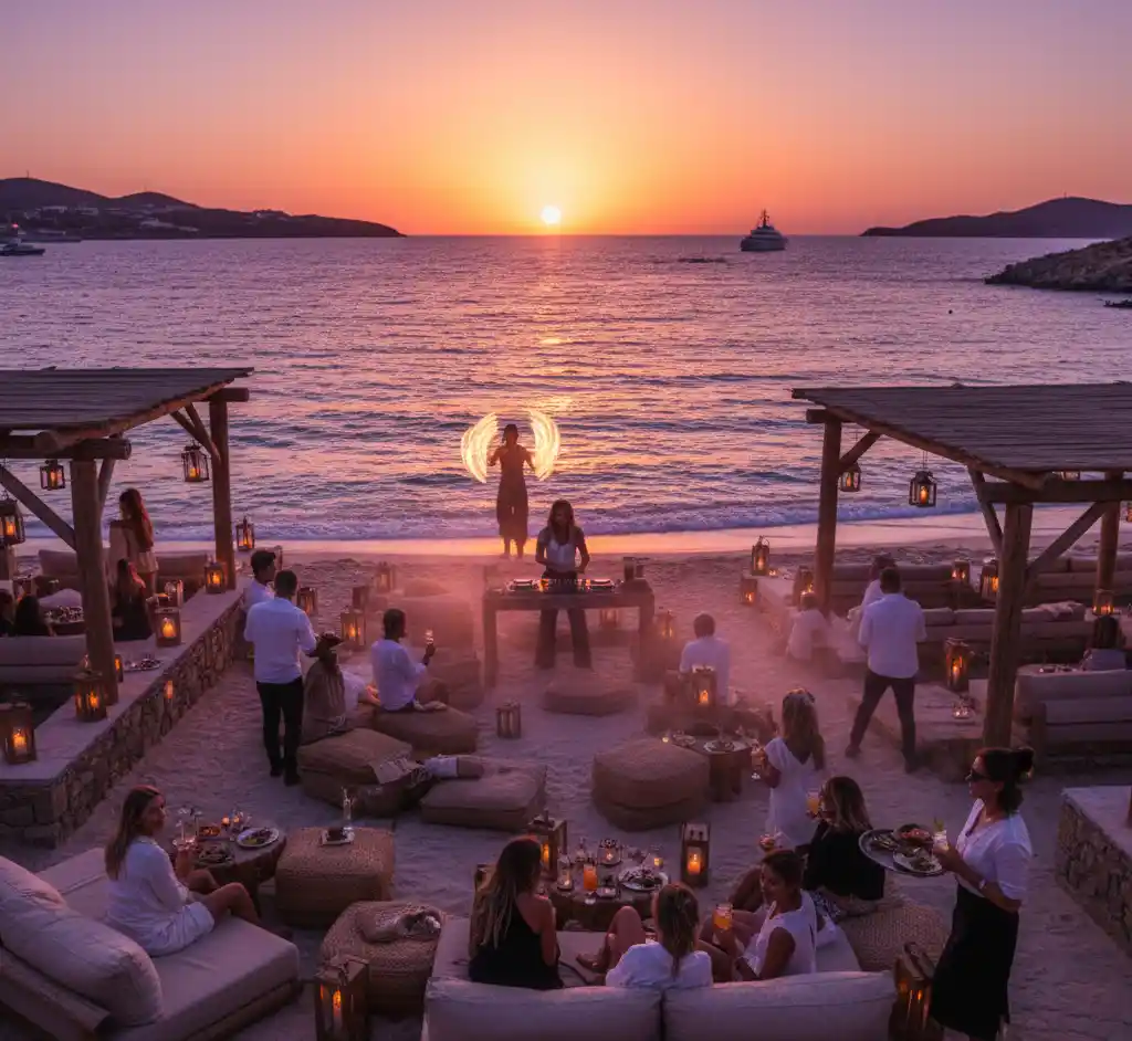 A vibrant beach bar scene at sunset in Mykonos, with people relaxing on comfortable seating, enjoying drinks, and a DJ playing music. The setting sun casts a warm glow over the Aegean Sea and hills in the distance.