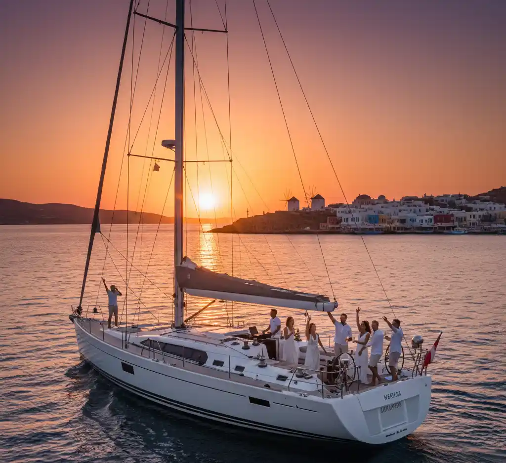 A group of people on a sailing yacht enjoying a lively private sunset cruise with a DJ, with Mykonos Town and its windmills silhouetted against a vibrant orange and pink sunset.