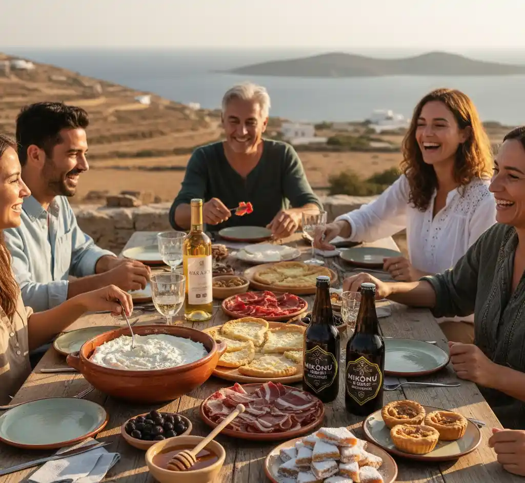 A group of friends and family enjoying a traditional Greek meal outdoors with a stunning sea view in Mykonos. The table is laden with local delicacies including cheeses, cured meats, honey, pastries, and bottles of Mikònu craft beer and local wine.
