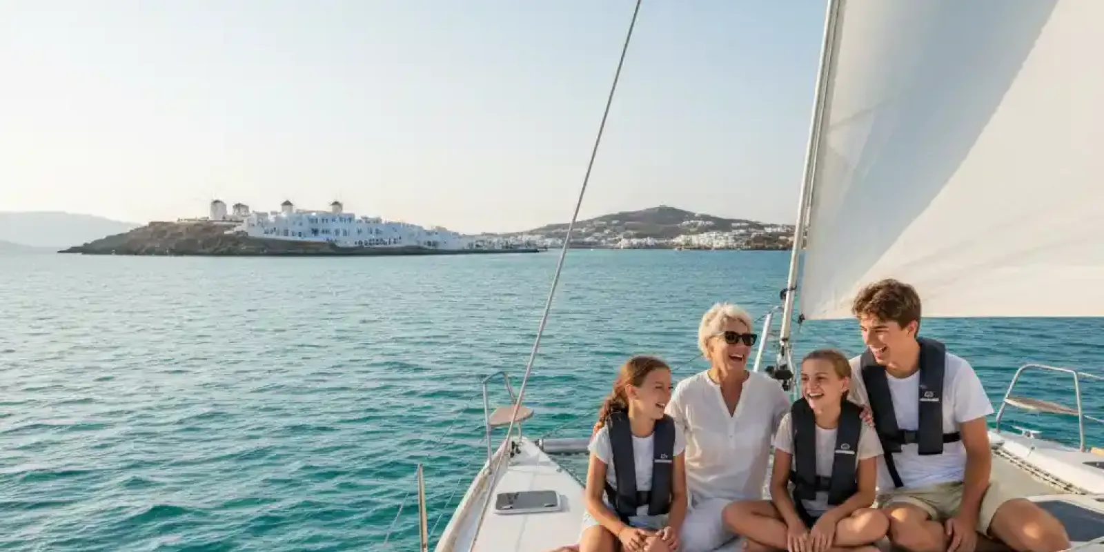 A happy family wearing life jackets, smiles while sitting on the deck of a sailing yacht with the beautiful Mykonos coastline and windmills in the background under a clear sky.