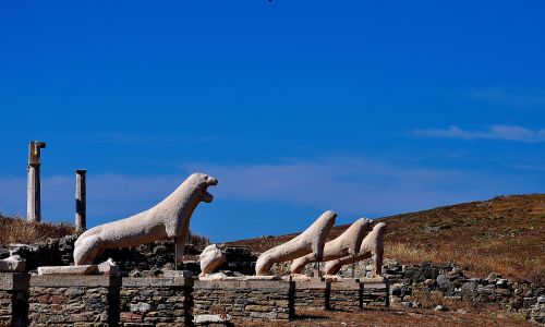 Ancient marble lion statues from the Terrace of the Lions stand in a row under a bright blue sky on Delos Island, Greece. Surrounded by weathered ruins and dry, rocky terrain, these iconic sculptures highlight the island's rich archaeological and mythological heritage.