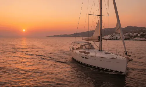 Sailing yacht gliding through the Aegean Sea at sunset near Mykonos, with iconic whitewashed buildings and windmills in the background.